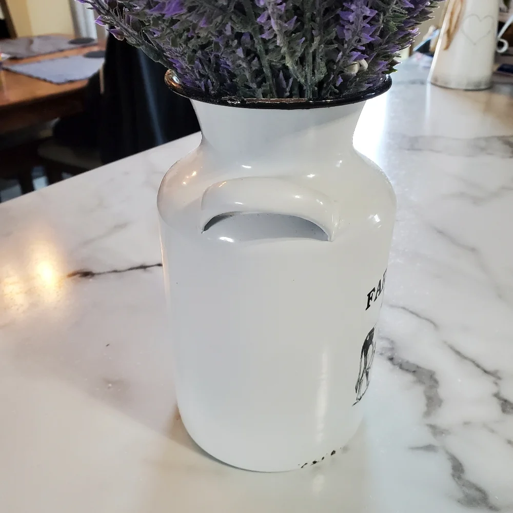 Lavender Artificial Flowers in Milk Jug Metal Vase